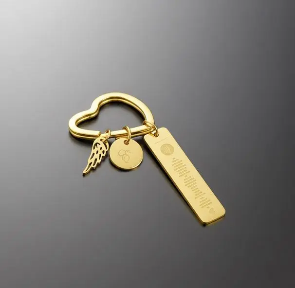 Llavero aro-corazon c/dijes redondo, rectangulo y pluma ac. inox 