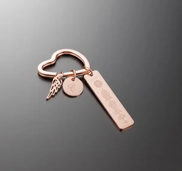 [X-LLAX-007RS-01] Llavero aro-corazon c/dijes redondo, rectangulo y pluma ac. inox  (Rose)