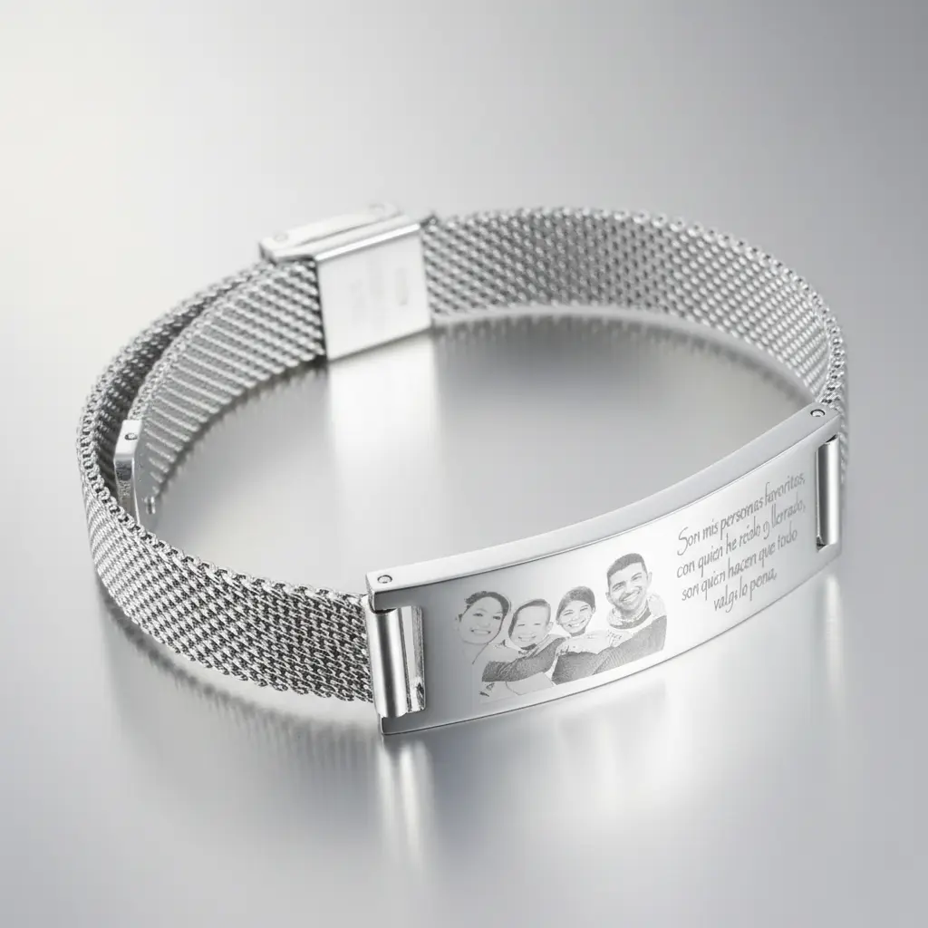 Brazalete dama malla ac. Inox deluxe plana 10mm c/placa rectangular ac. Inox. 14mm ajustable