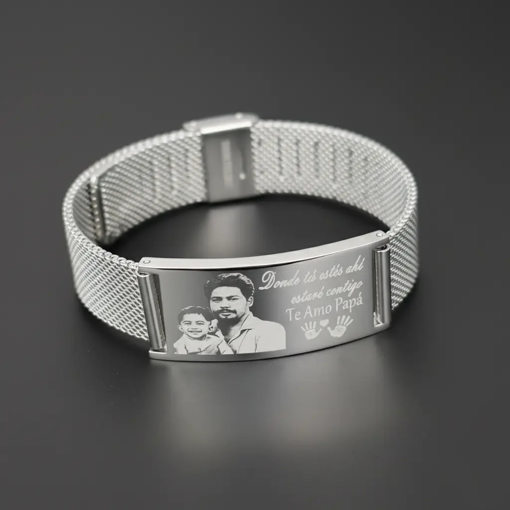 Brazalete caballero malla ac. Inox deluxe plana 16mm c/placa rectangular ac. Inox. 20mm ajustable