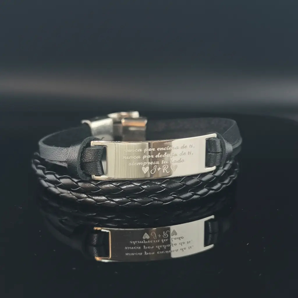 Brazalete cuerina bandas y doble cintas trenzadas Negro c/placa rectangular 12mm ac. Inox. plateada