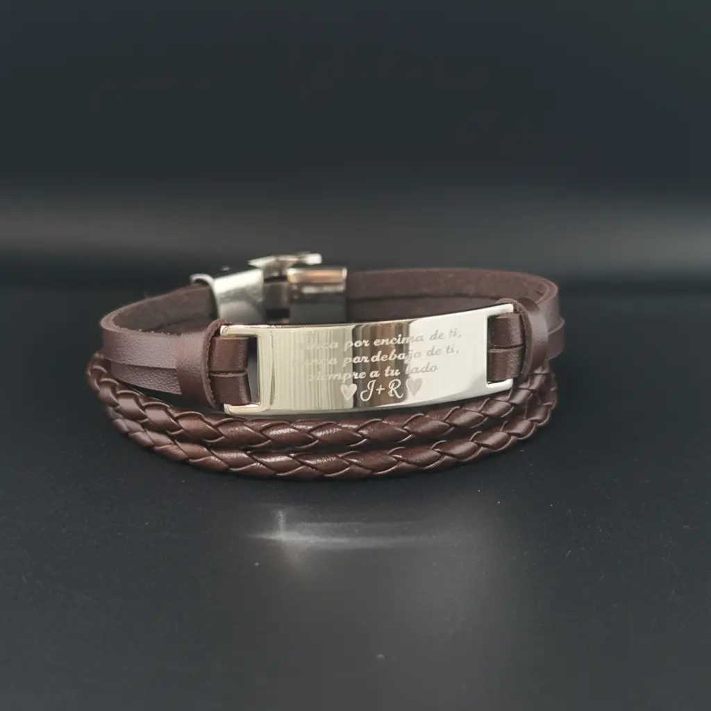 Brazalete cuerina bandas y doble cintas trenzadas Cafe c/placa rectangular 12mm ac. Inox. Plateado