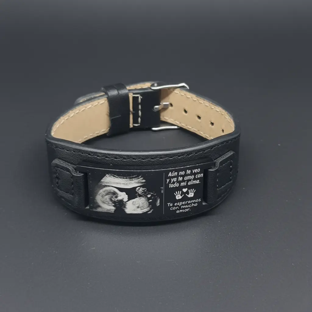 Brazalete cuerina estilo faja plana negro 18mm (maximo 29mm) c/placa rectangular 20mm ac. inox. Negro. c/cierre ajustable.