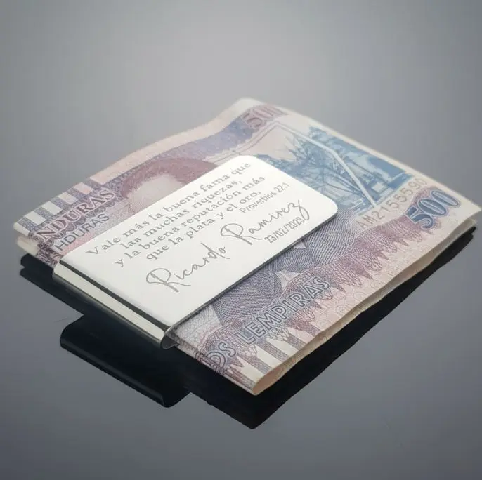 Clip para dinero estilo Monedero (Money-Clip) de ac. Inox. Pulido espejo Plateado 54x27mm