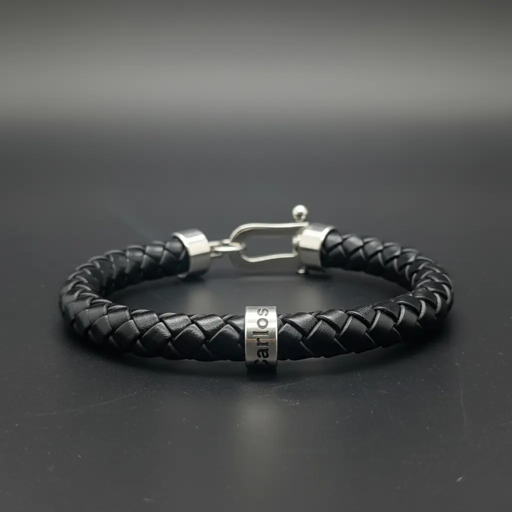 [X-PUCU-005NG-01] Pulsera de Cuero legitimo tipo trenzado redondo negro 8mm con cierre langosta plateado para anillos de plata (19cm, Negro, 1)
