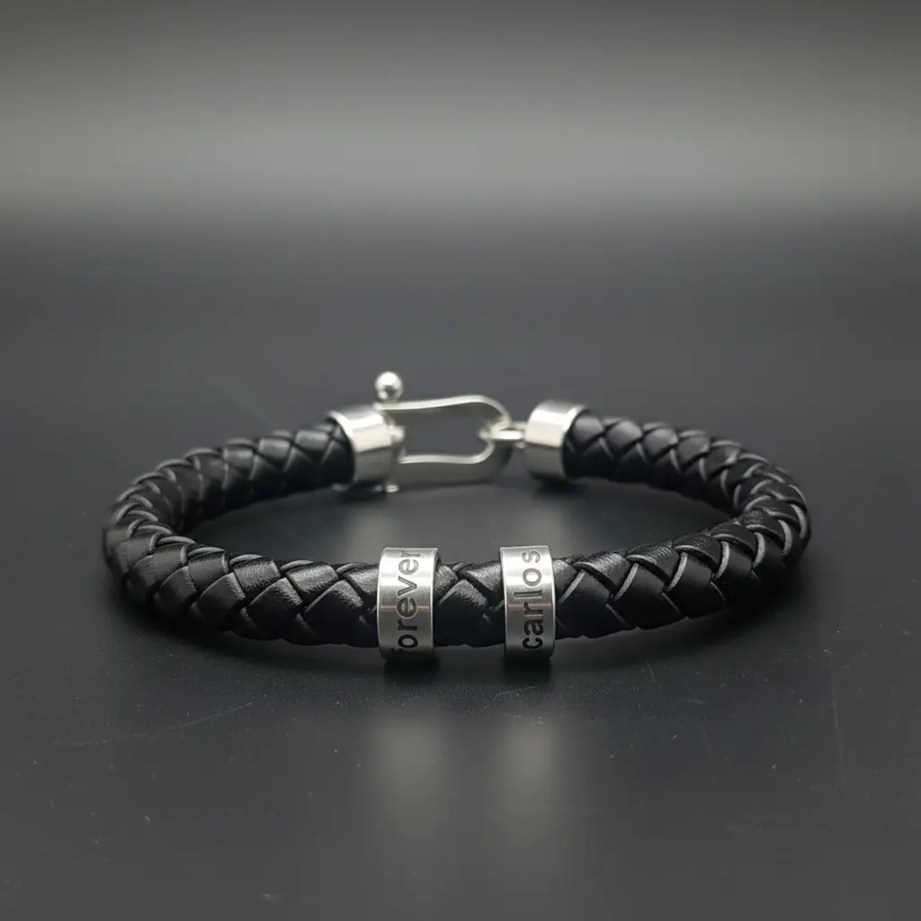 Pulsera de Cuero legitimo tipo trenzado redondo negro 8mm con cierre langosta plateado para anillos de plata