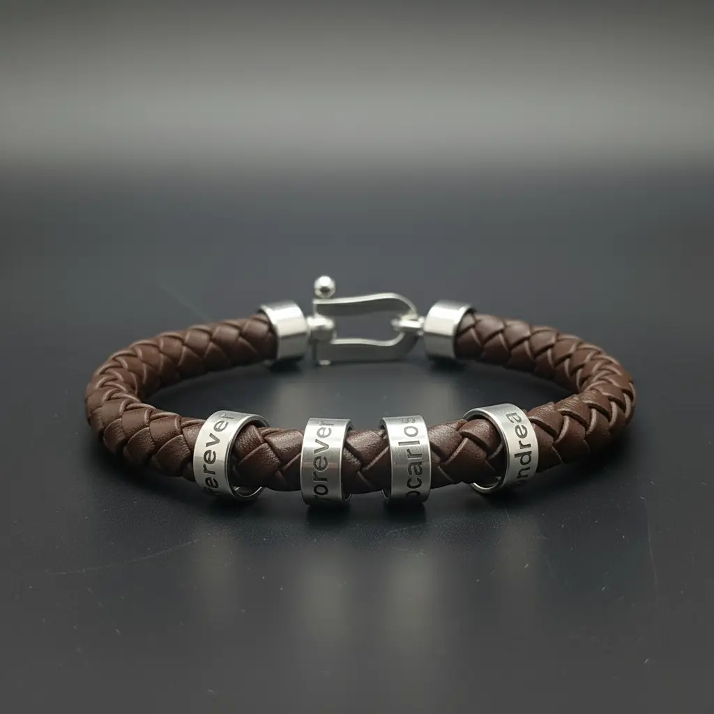 Pulsera de Cuero legitimo tipo trenzado redondo negro 8mm con cierre langosta plateado para anillos de plata