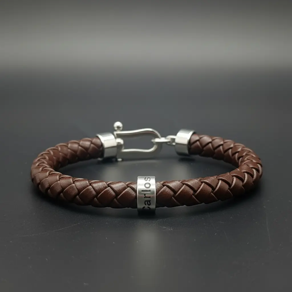 Pulsera de Cuero legitimo tipo trenzado redondo negro 8mm con cierre langosta plateado para anillos de aluminio