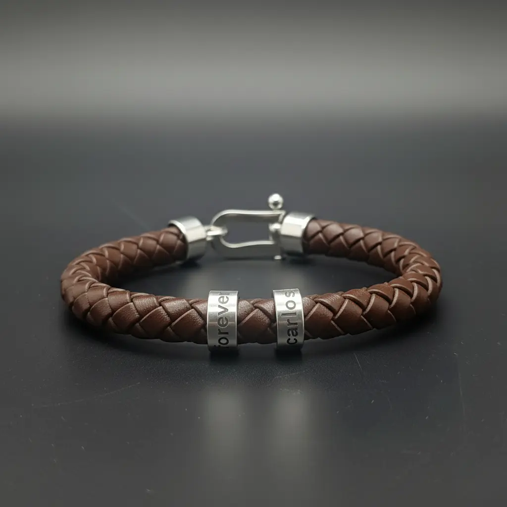 Pulsera de Cuero legitimo tipo trenzado redondo negro 8mm con cierre langosta plateado para anillos de aluminio