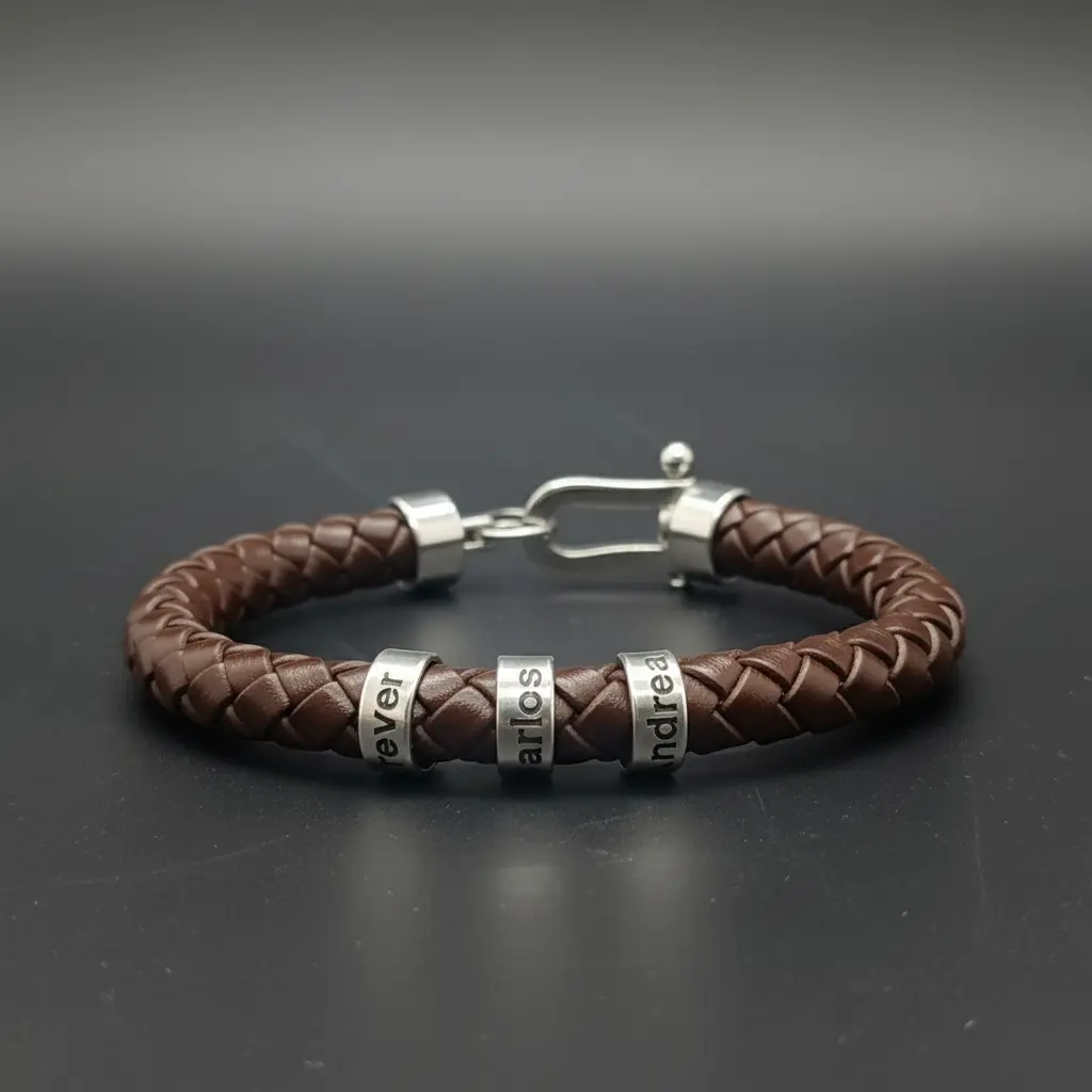 Pulsera de Cuero legitimo tipo trenzado redondo negro 8mm con cierre langosta plateado para anillos de aluminio