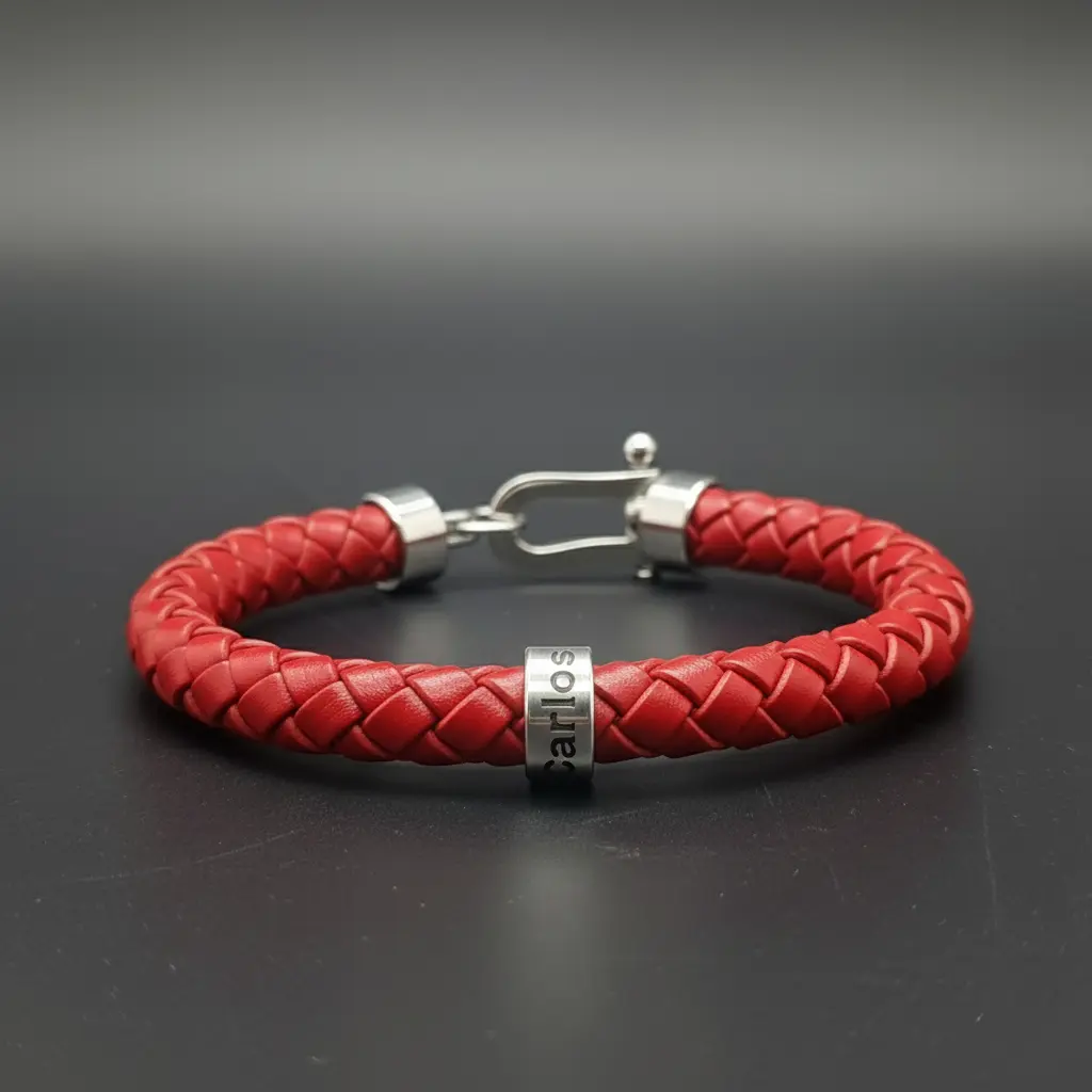 Pulsera de Cuero legitimo tipo trenzado redondo negro 8mm con cierre langosta plateado para anillos de aluminio