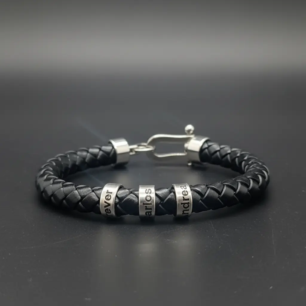 Pulsera de Cuero legitimo tipo trenzado redondo negro 8mm con cierre langosta plateado para anillos de aluminio