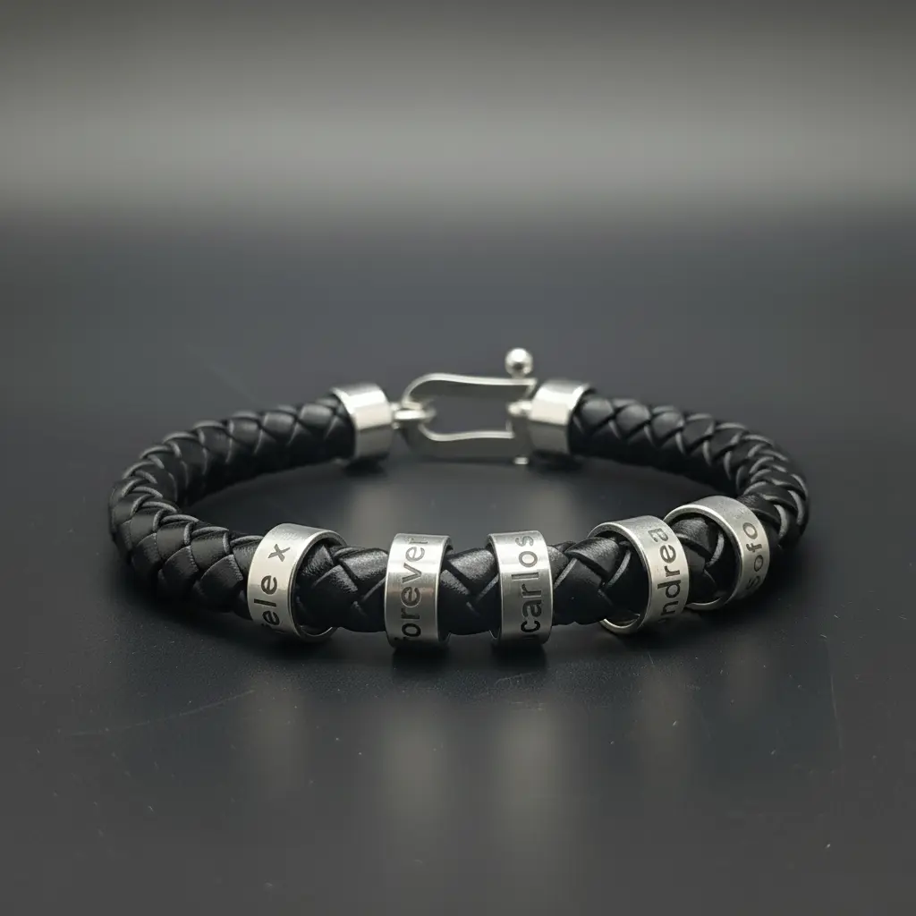 Pulsera de Cuero legitimo tipo trenzado redondo negro 8mm con cierre langosta plateado para anillos de aluminio