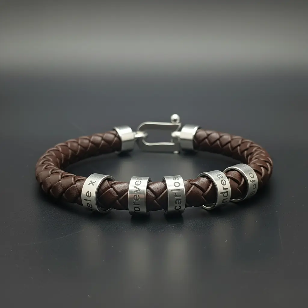 Pulsera de Cuero legitimo tipo trenzado redondo negro 8mm con cierre langosta plateado para anillos de aluminio