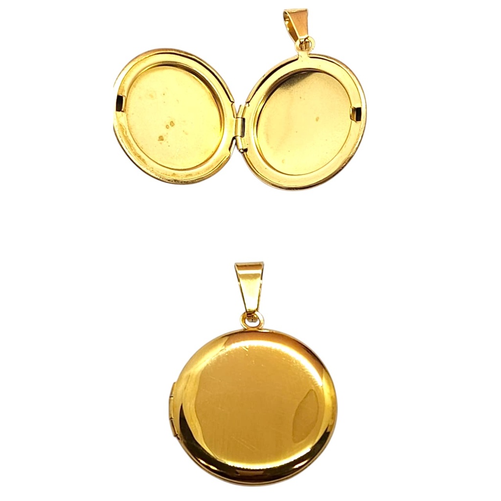 [X-REAX-012DR-01] Cadena con Relicario Redondo grande liso de Acero inoxidable 33mm (Dorado)