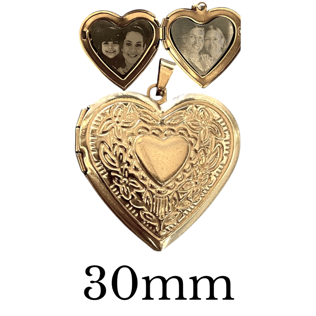 [X-REAX-005DR-01] Cadena con Relicario ac. Inox. corazon con diseño estampado flores grande 30mm (Dorado)