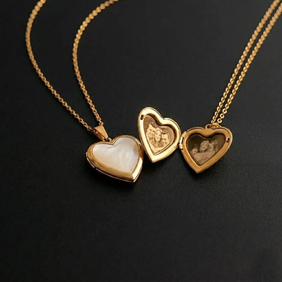[X-REAX-015DR-01] Cadena con Relicario Corazon mediano Decoracion NACAR dorado de Acero inoxidable 24.5mm