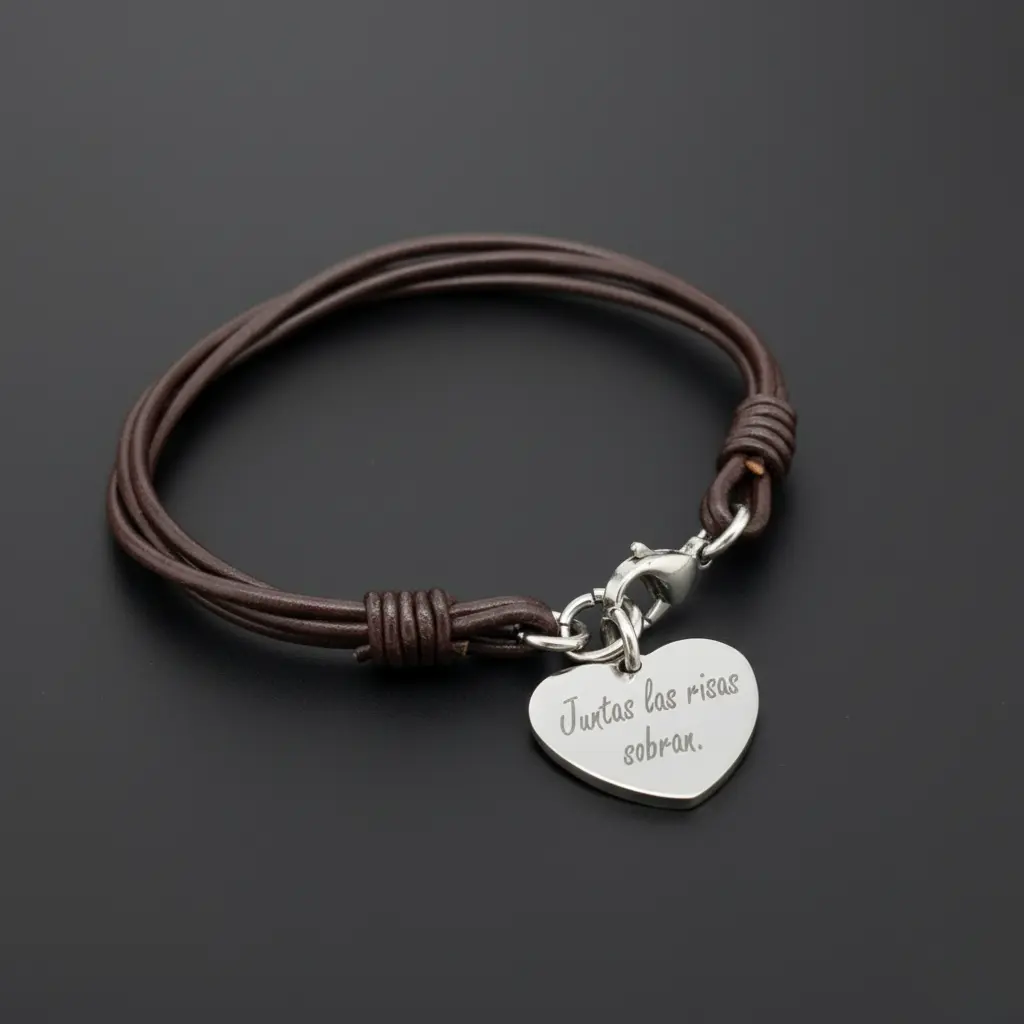 [X-PUCU-002NU-01] Pulsera de cuero estilo cuerda con dije colgante redondo Y Corazón 23mm ac. Inox. Plateado (varios colores) (Cafe, Corazon)