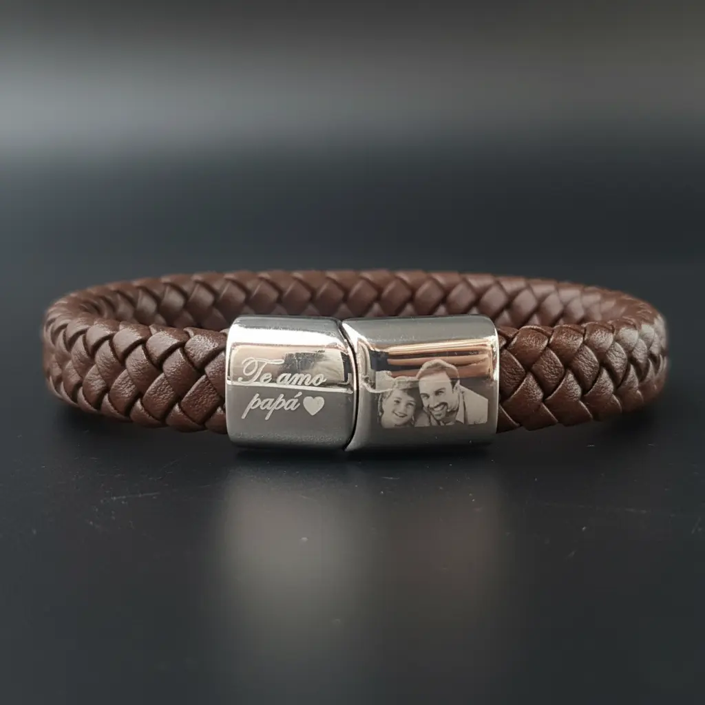Pulseras de Cuero trenzado grueso aplanada semi-redondo Negro Y Cafe 10mm con hebilla rectangular magnetico