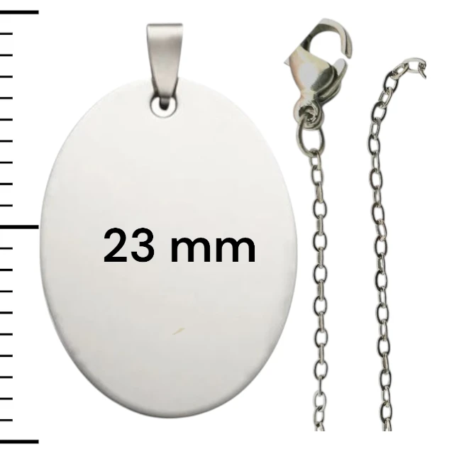 Cadena con Dije Ovalado pulido espejo ac. Inox  Plateado pequeño 23mm