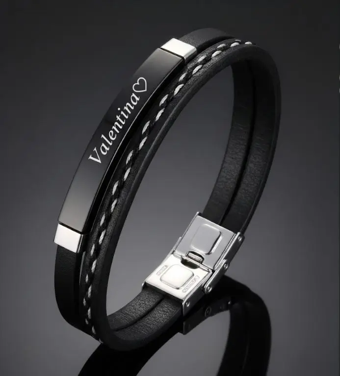 Pulsera de cuerina negro doble banda delgada 10mm- con barra Negra rectangular 19.5cm largo con cierre broche Personalizable