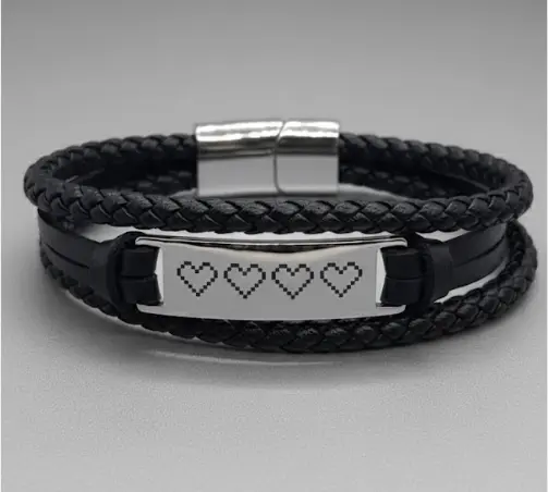 [G-PUCU-015NG] Brazalete de cuero negro doble-banda doble-cuerda trenzada deluxe c/ placa plateada rectangular 12mm cierre magnetico Personalizable