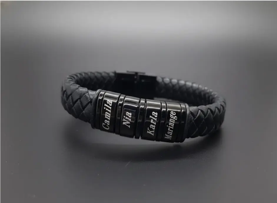 [G-PUCU-017NG] Brazalete de Cuero trenzado c/ 4 anillos negros Lujo -banda gruesa aplanado semi-redondo Negro 12mm cierre broche Personalizable