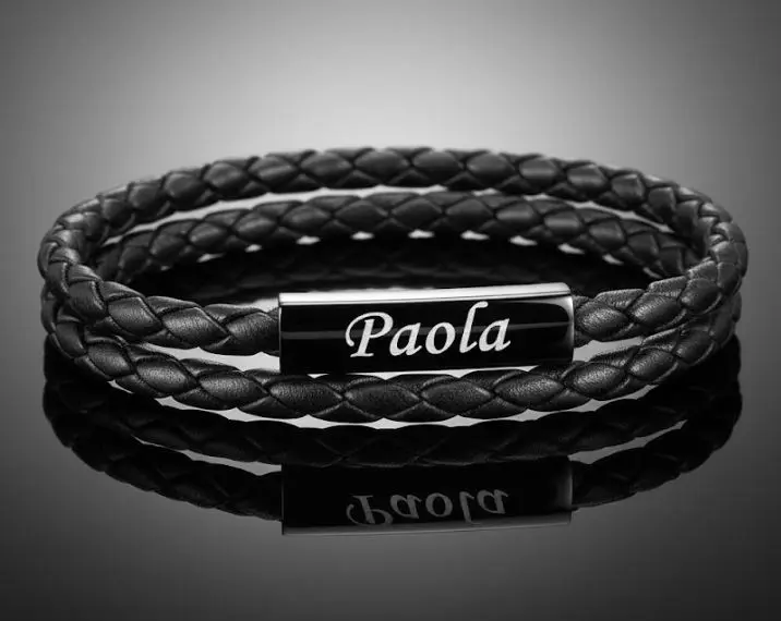 [G-PUCU-018NG] Pulsera -Gargantilla de cuero trenzado negro con Barra cuadrada negra 25mm - 5mm lado -cierre magnetico Personalizable