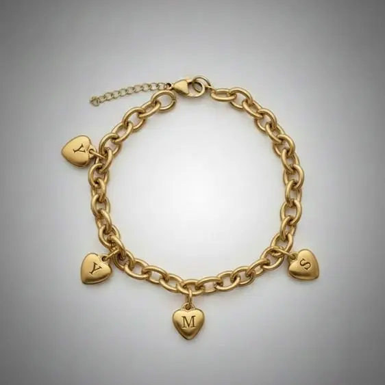 Pulsera estilo cadena gruesa 4mm Dorado ac. Inox. -dijes colgantes estilo corazon mini Personalizable