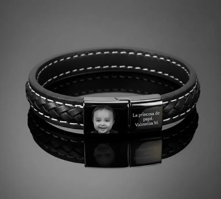 Pulsera de Cuero legitimo trenzado grueso plano lujo 12mm c- Hebilla rectangular magnetico negro