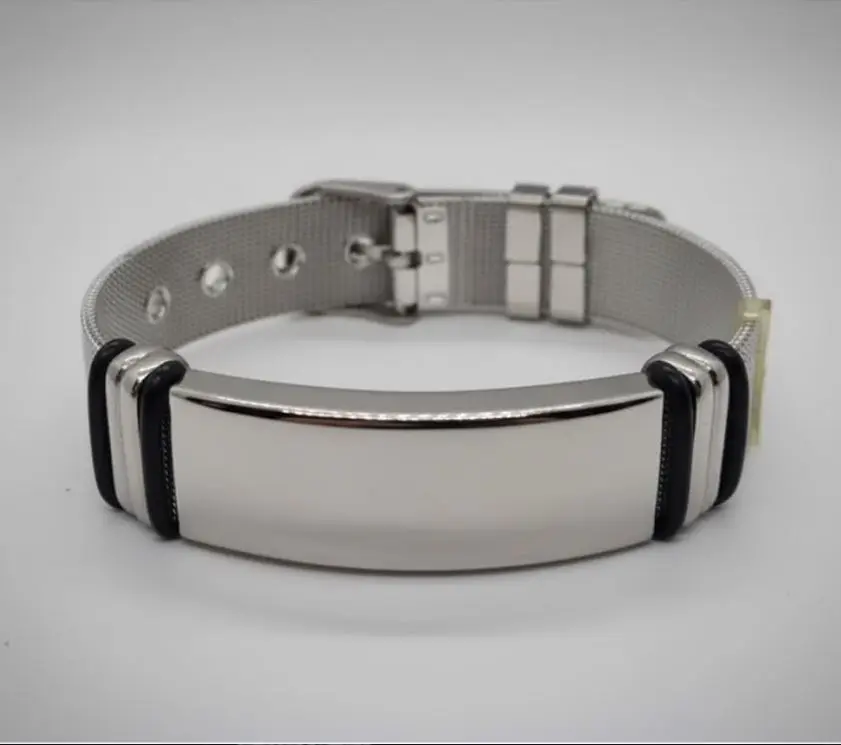 Brazalete unisex malla ac. Inox deluxe plana 13mm c/barra rectangular 15mm c/cierre estilo faja ajustable Personalizable