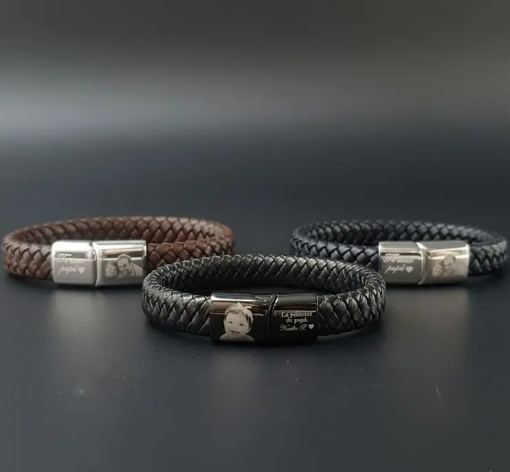 Pulseras de Cuero trenzado grueso aplanada semi-redondo Negro Y Cafe 10mm con hebilla rectangular magnetico