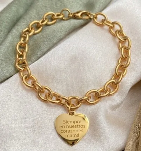 [X-PUAX-036DR] Pulsera estilo cadena gruesa (aros entrelazados 8mm) Acero inox. con Dije Corazon 20mm -largo 19cm cierre langosta Personalizado (Dorado)